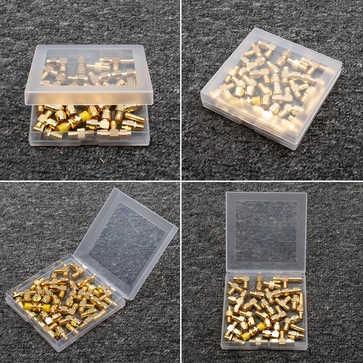 Four views of a clear storage box filled with a large mixed coaxial adapter set