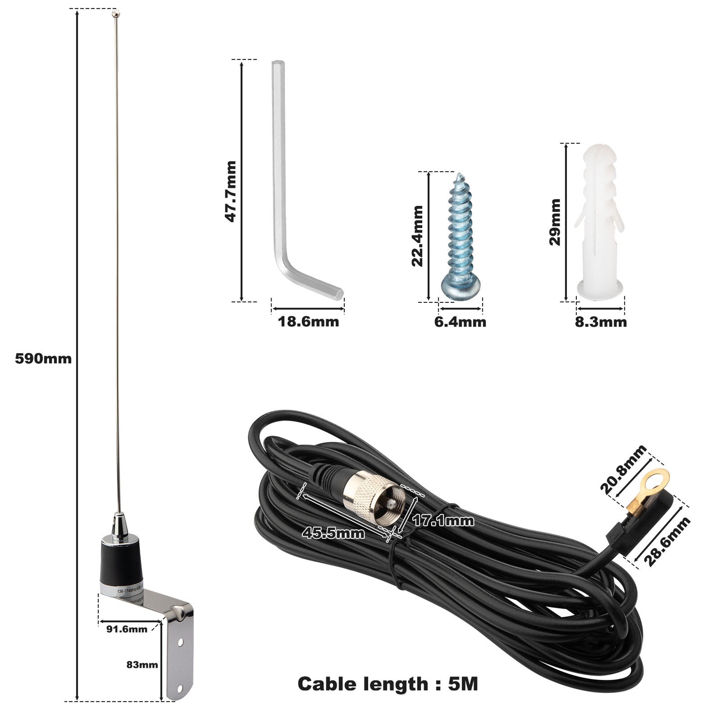 YILIANDUO Dual Band VHF UHF Mobile Antenna 144/430MHz Stainless Steel L-Bracket NMO Mount PL-259 UHF Male 5M RG58 Cable for Ham Radio Car