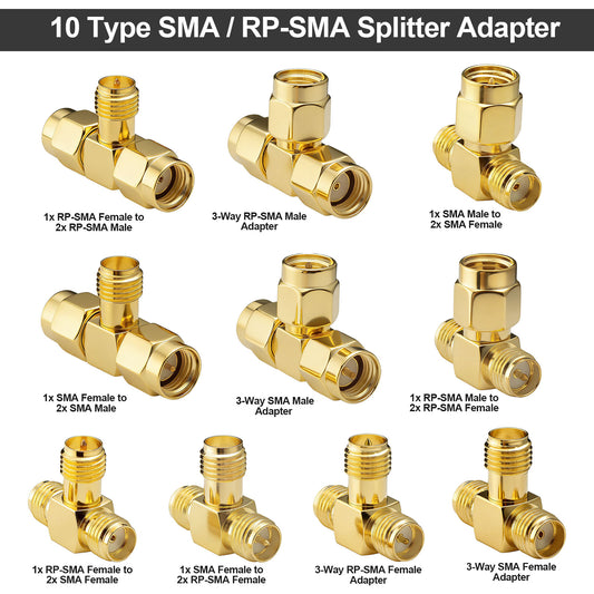 YILIANDUO SMA & RP-SMA 3-Way T-Splitter Adapter Kit (10-Pack) | 50Ω Gold-Plated Brass RF Adapter Kit DC-6GHz