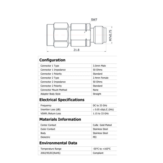 YILIANDUO 2.4mm to 3.5mm Precision RF Millimeter Wave Adapter | DC-34GHz 50Ω Stainless Steel High Frequency Test Connector