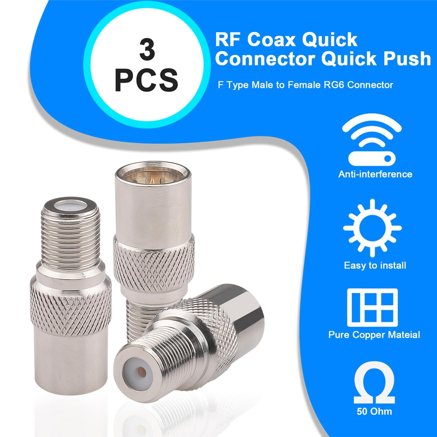 YILIANDUO F Male to Female Push-On RG6 Coax Adapter 75 Ohm, 3-Pack 2