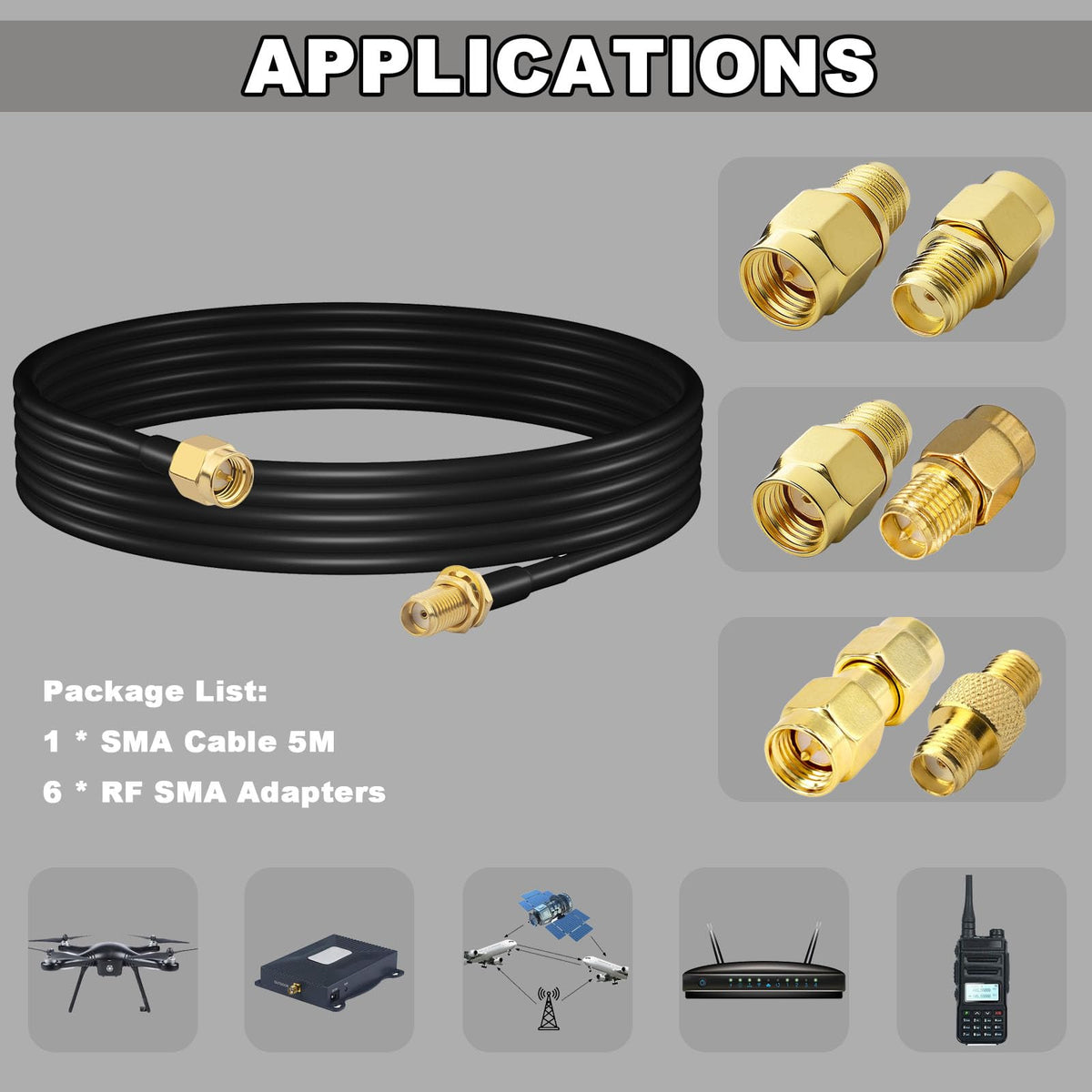 YILIANDUO SMA Male to Female RG58 Cable 5M + 6pcs SMA Adapter Kit 6
