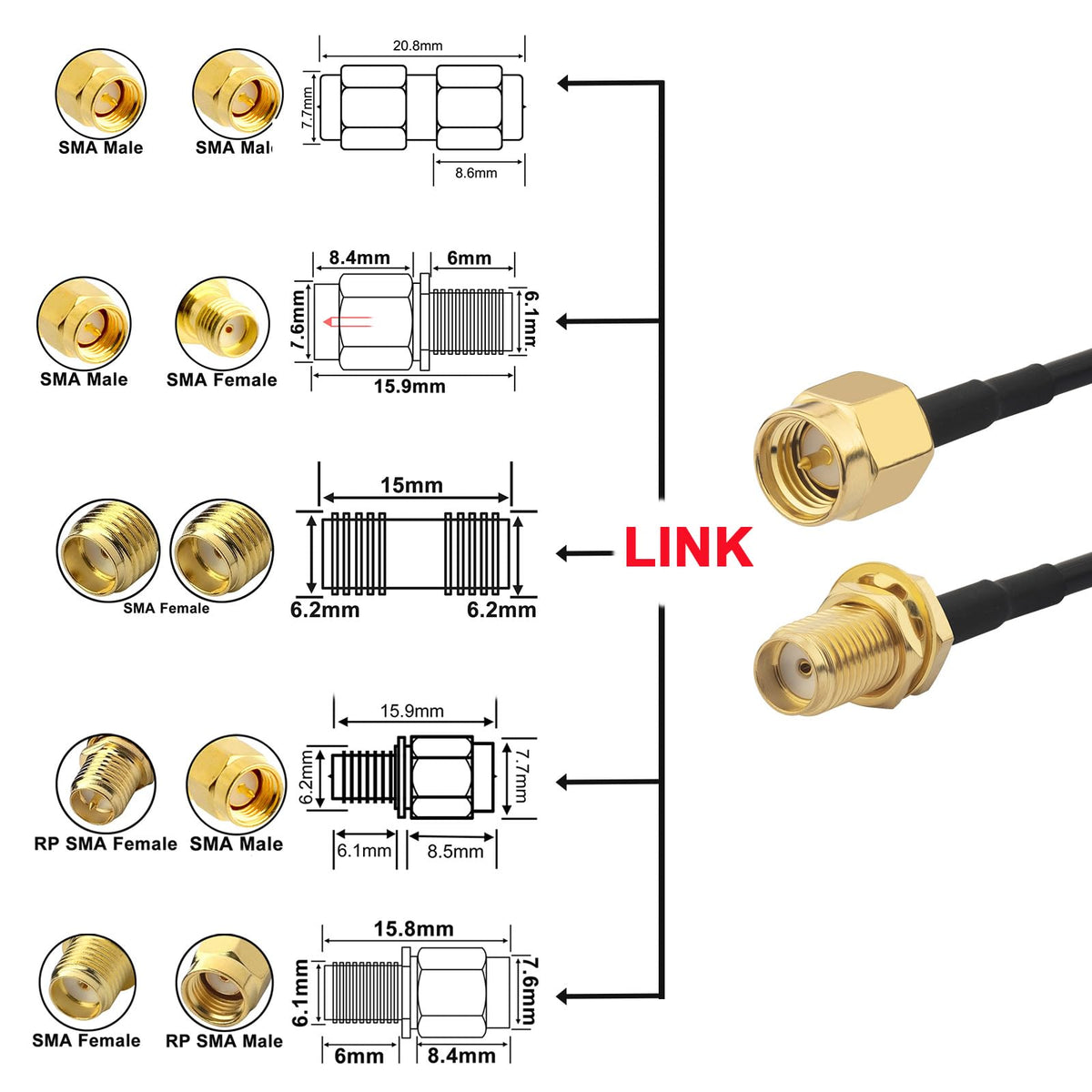 YILIANDUO SMA Male to Female WiFi Cable RG174 5M + 5 Adapters 2