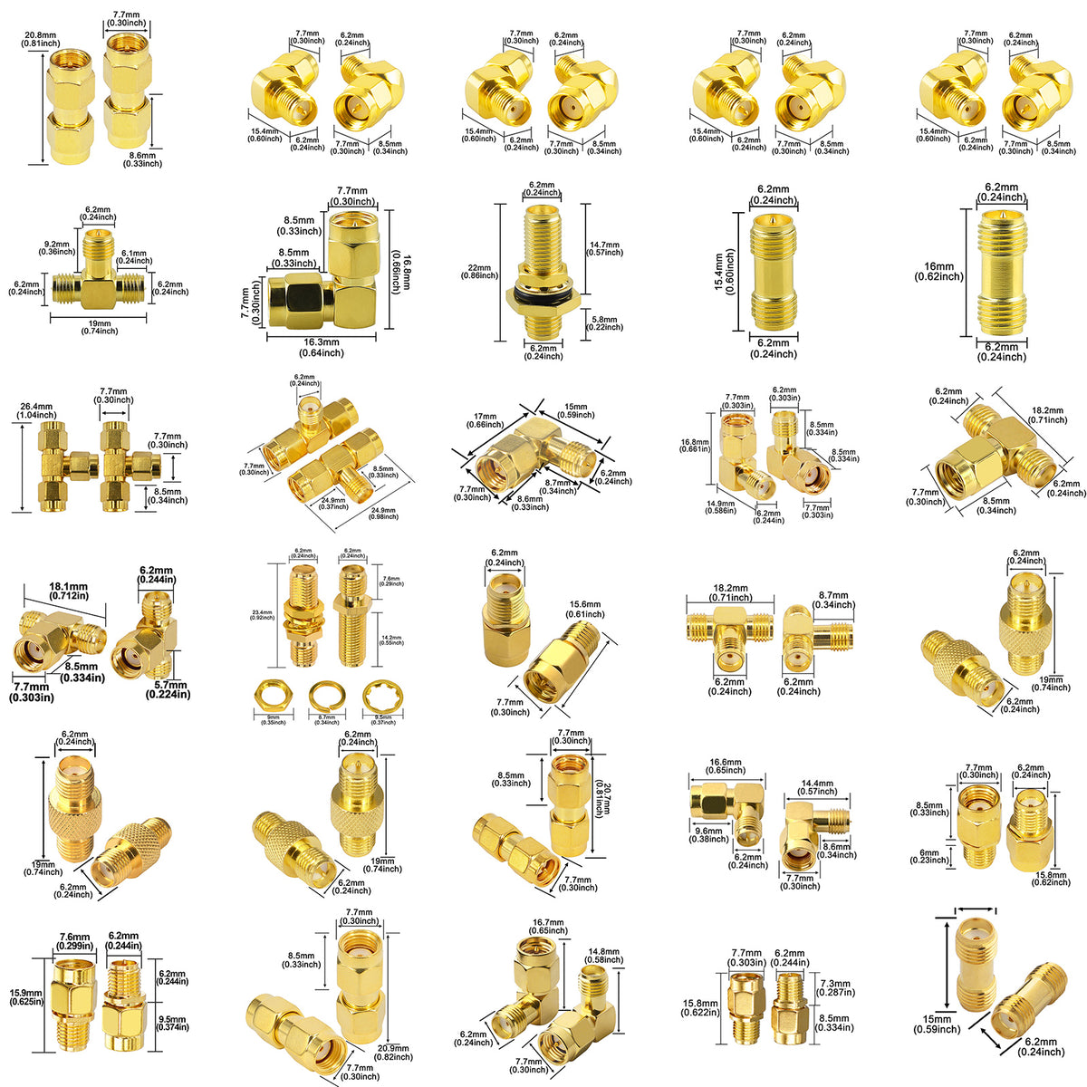 Overview chart showing thirty gold-tone SMA and RP-SMA adapter types with measurements