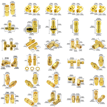 Overview chart showing thirty gold-tone SMA and RP-SMA adapter types with measurements