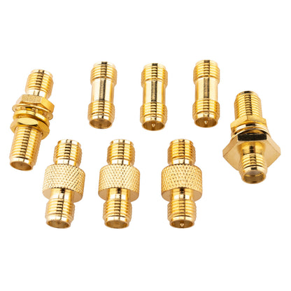 Ten gold-tone straight SMA and RP-SMA couplers arranged on a white background