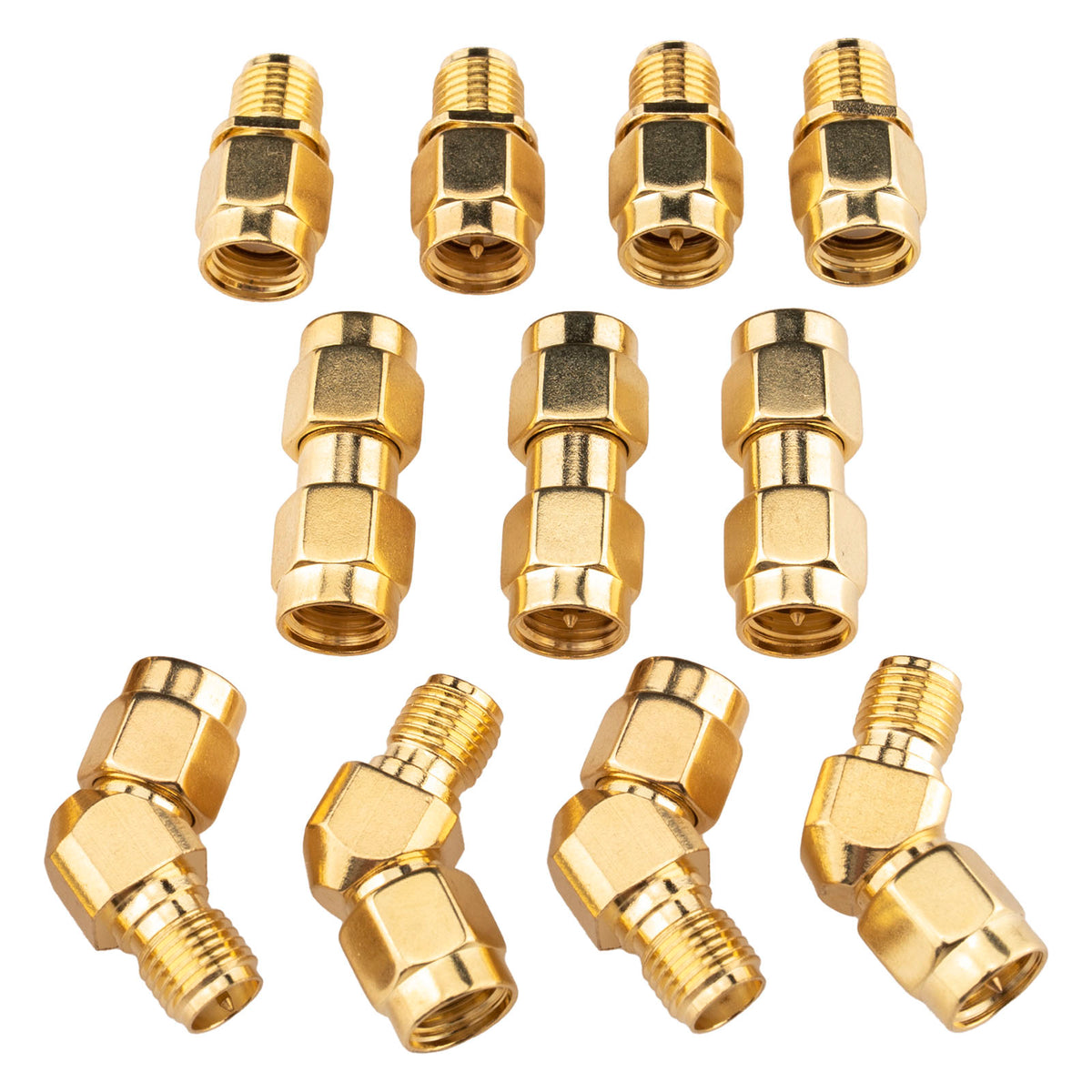 Mixed group of straight and right-angle gold-tone SMA and RP-SMA adapters