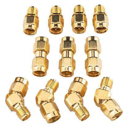 Mixed group of straight and right-angle gold-tone SMA and RP-SMA adapters
