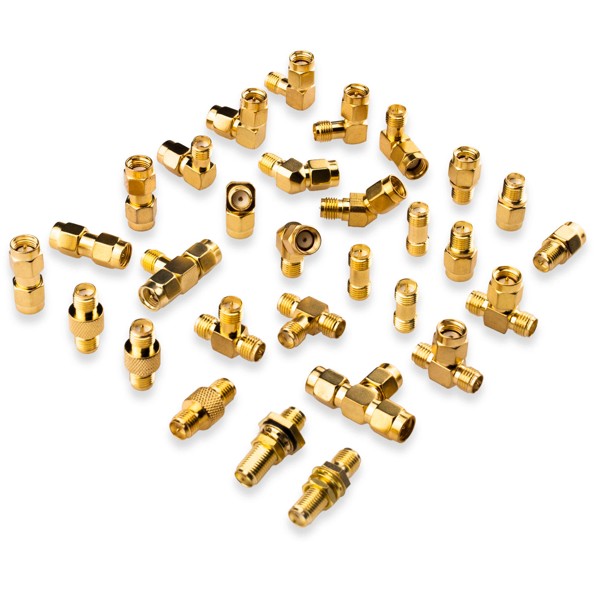 Assorted gold-tone SMA and RP-SMA coax adapters in straight, angled, bulkhead and T-shaped styles