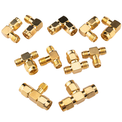 Ten gold-tone T-shaped SMA and RP-SMA adapter configurations