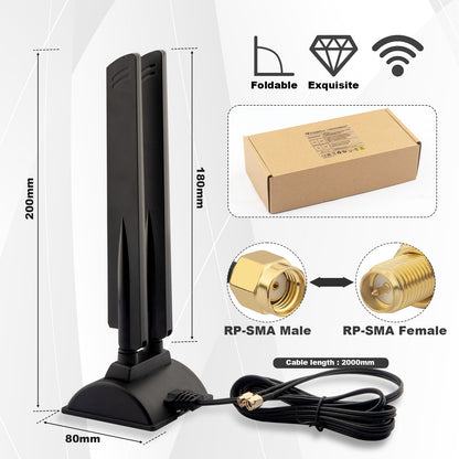 YILIANDUO WiFi 6E Tri-Band Antenna 2.4GHz 5GHz 6GHz 5dBi Omni-Directional Magnetic Base Dual RP-SMA Male 2M RG174 Cable for PC Router Bluetooth