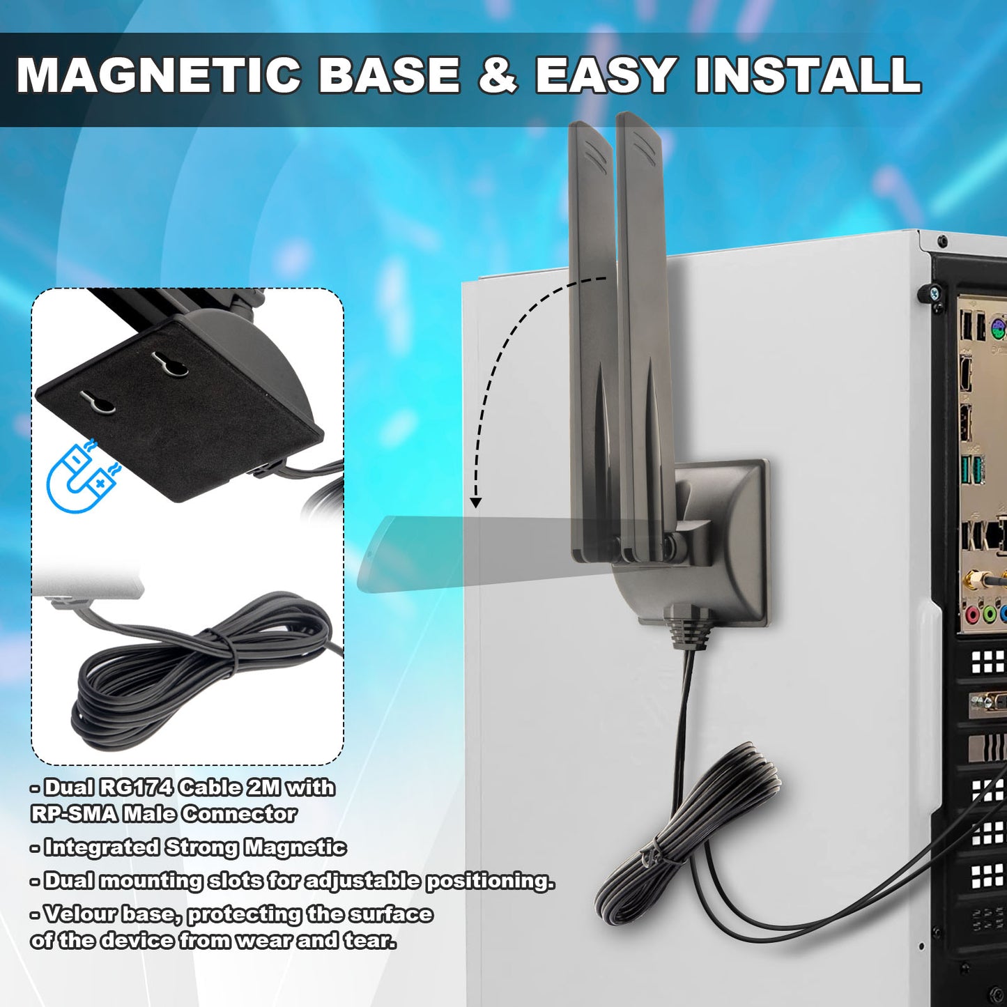 YILIANDUO WiFi 6E Tri-Band Antenna 2.4GHz 5GHz 6GHz 5dBi Omni-Directional Magnetic Base Dual RP-SMA Male 2M RG174 Cable for PC Router Bluetooth