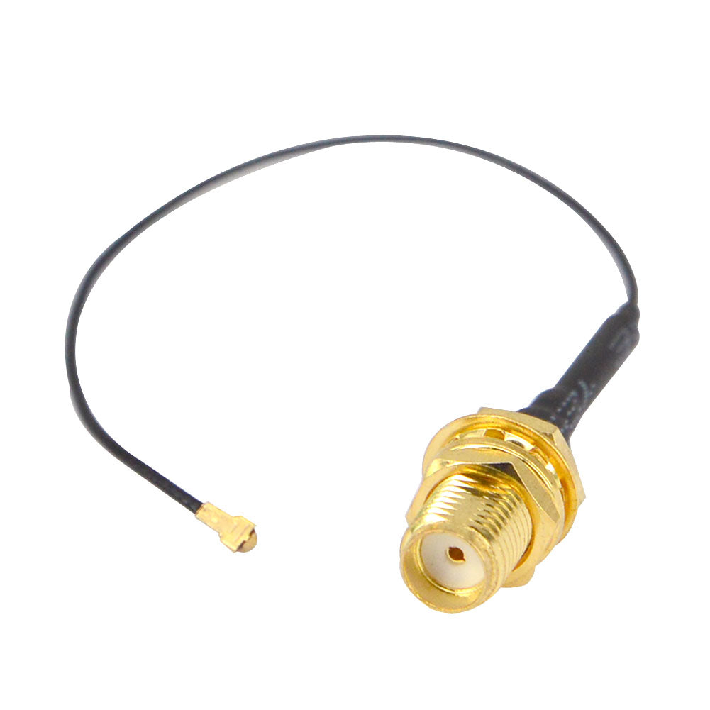 SMA female bulkhead-to-miniature RF pigtail cable on a white background