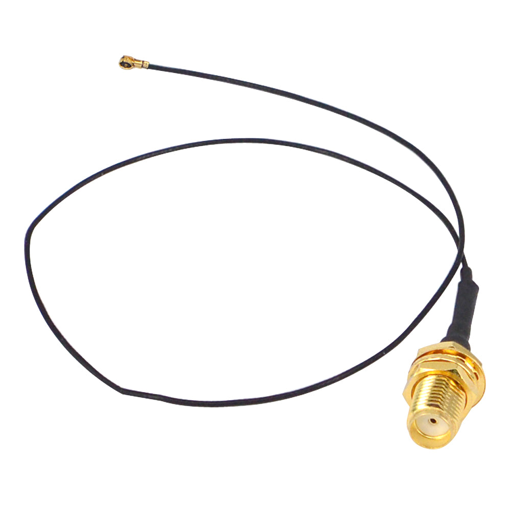 Long SMA female bulkhead-to-miniature connector pigtail arranged in a wide loop