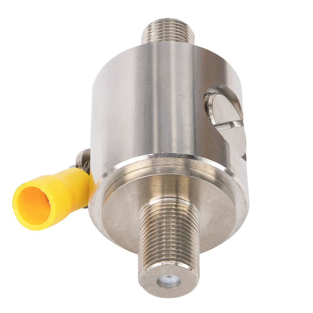 Vertical view of a silver coaxial surge protector with side access slot and grounding terminal