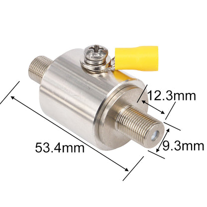 Dimension diagram for a cylindrical silver RF surge protector with threaded connectors