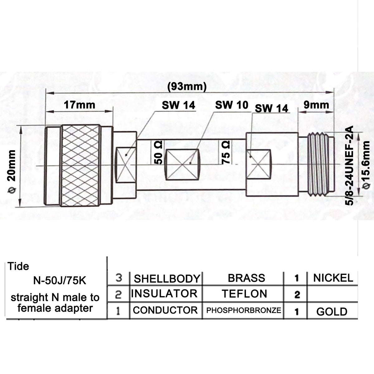 Technical dimension drawing of a straight N-male to N-female impedance adapter