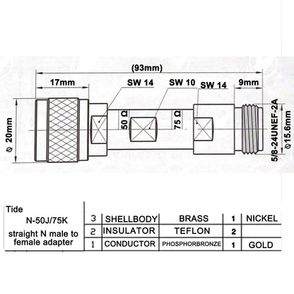 Technical dimension drawing of a straight N-male to N-female impedance adapter