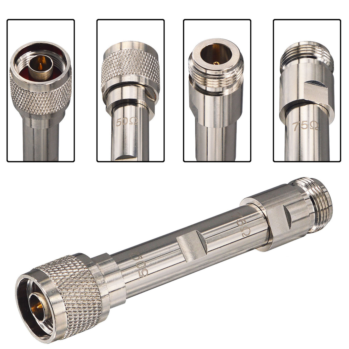 Silver-tone N-type impedance adapter with four close-up views of its male and female ends
