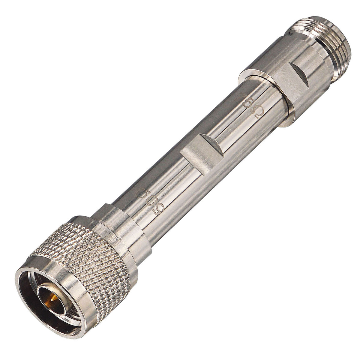 Straight silver-tone N-type adapter with 50-ohm and 75-ohm markings on the body