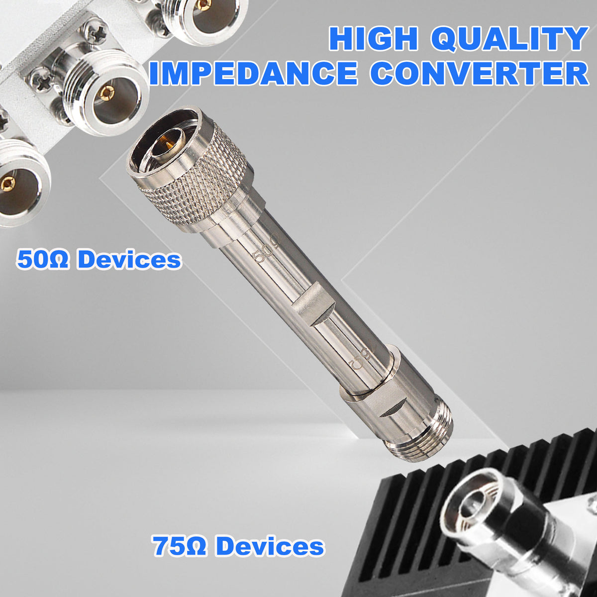 Silver N-type impedance adapter illustrated between 50-ohm and 75-ohm device connectors
