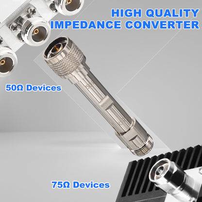 Silver N-type impedance adapter illustrated between 50-ohm and 75-ohm device connectors