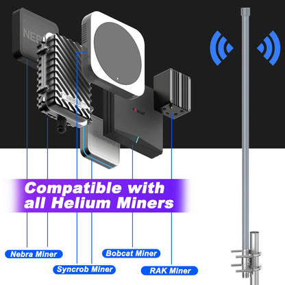 Fiberglass antenna pictured beside four outdoor hotspot miner enclosures in an application graphic