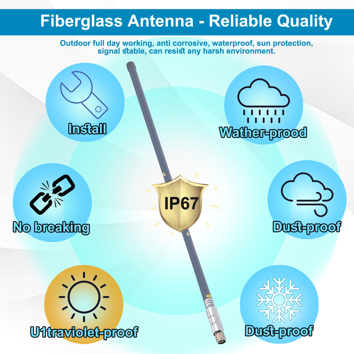 Gray outdoor fiberglass antenna with surrounding icons for mounting and environmental features