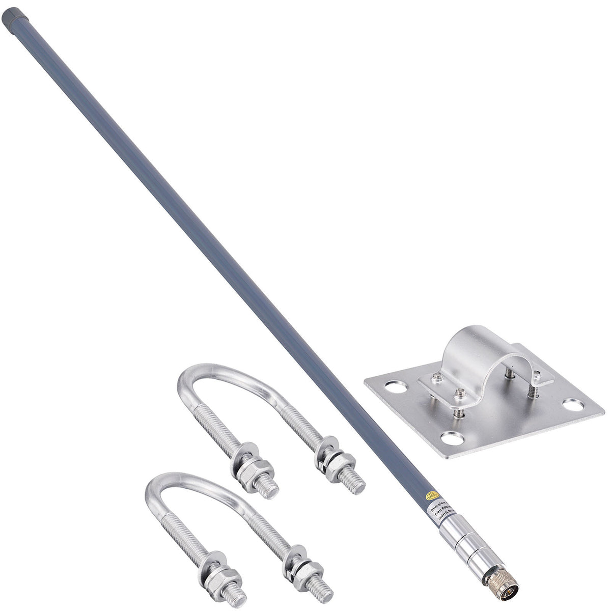 Long gray fiberglass antenna with an N male connector, mounting plate and two U-bolts