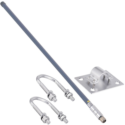 Long gray fiberglass antenna with an N male connector, mounting plate and two U-bolts