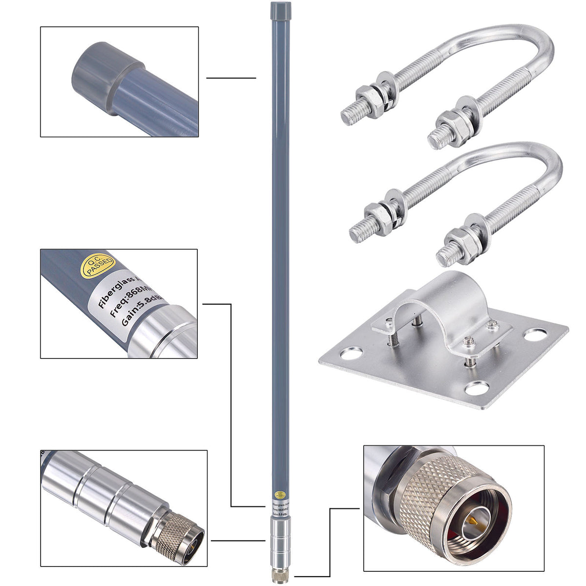 Exploded detail layout of a gray fiberglass antenna, N-male connector, bracket and U-bolt hardware