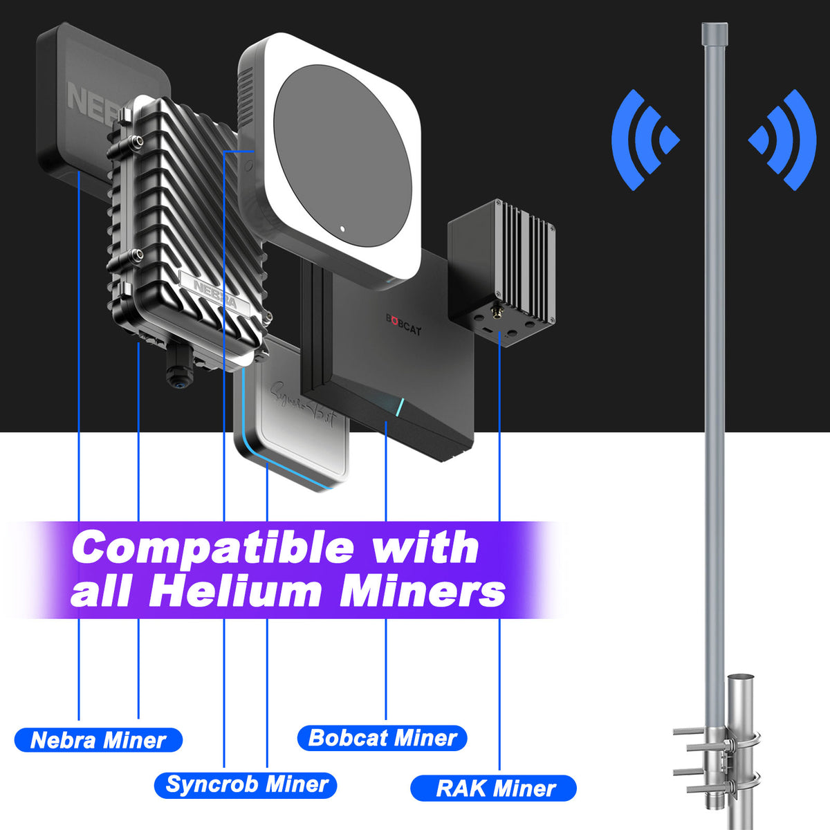Application illustration of a long fiberglass antenna with several outdoor hotspot miner devices