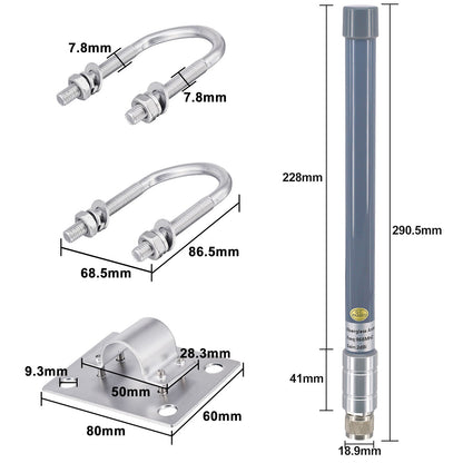 Dimension diagram for a fiberglass antenna, wall bracket and two stainless U-bolt clamps