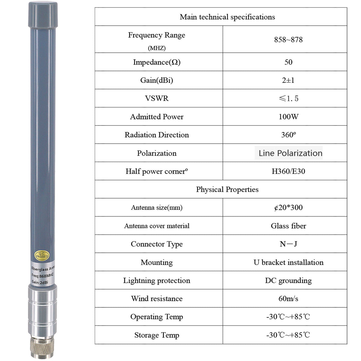 Gray fiberglass antenna displayed beside a technical specification table