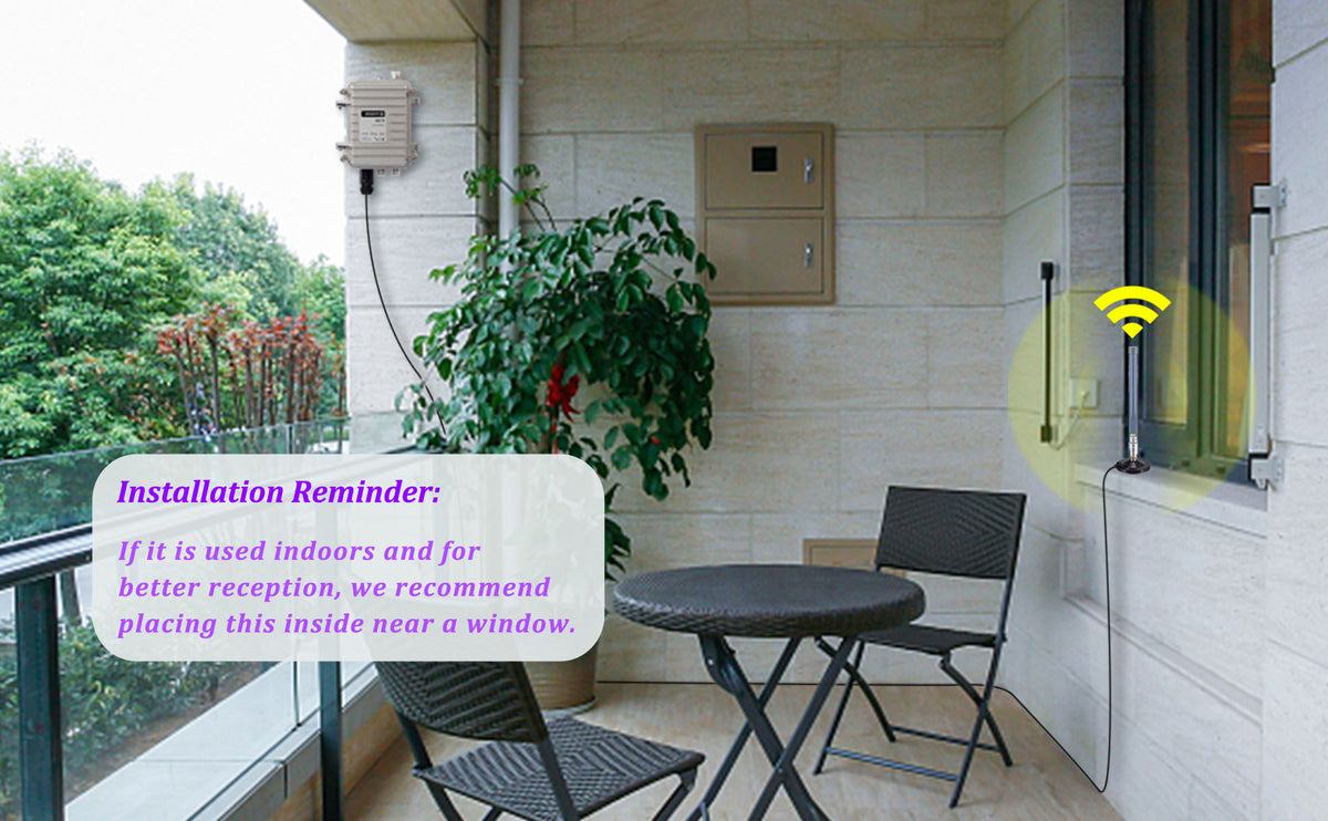 Outdoor patio example showing a compact vertical antenna mounted on an exterior wall