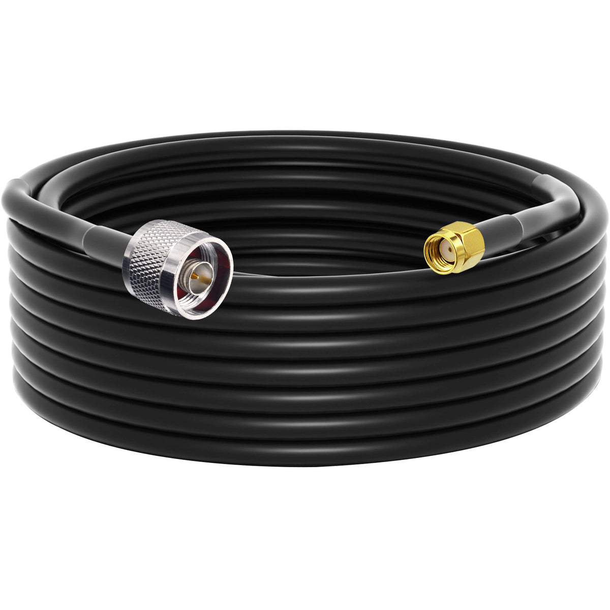 Large coil of black coaxial cable with N-male and gold-tone RP-SMA male ends