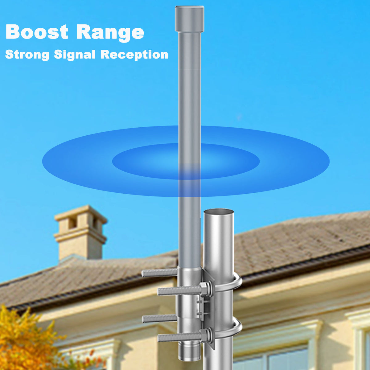 Gray fiberglass antenna mounted outdoors on a roof bracket with blue signal rings