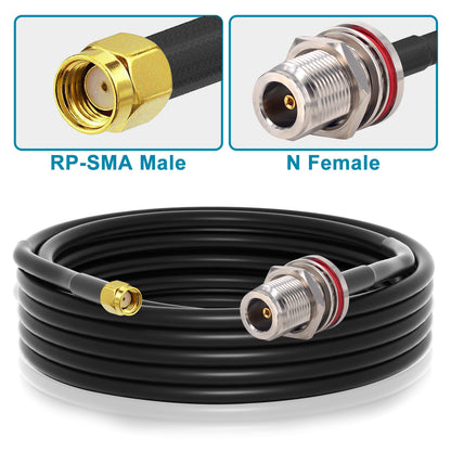 Coiled black coaxial cable with close-up views of its RP-SMA male and N-female connectors