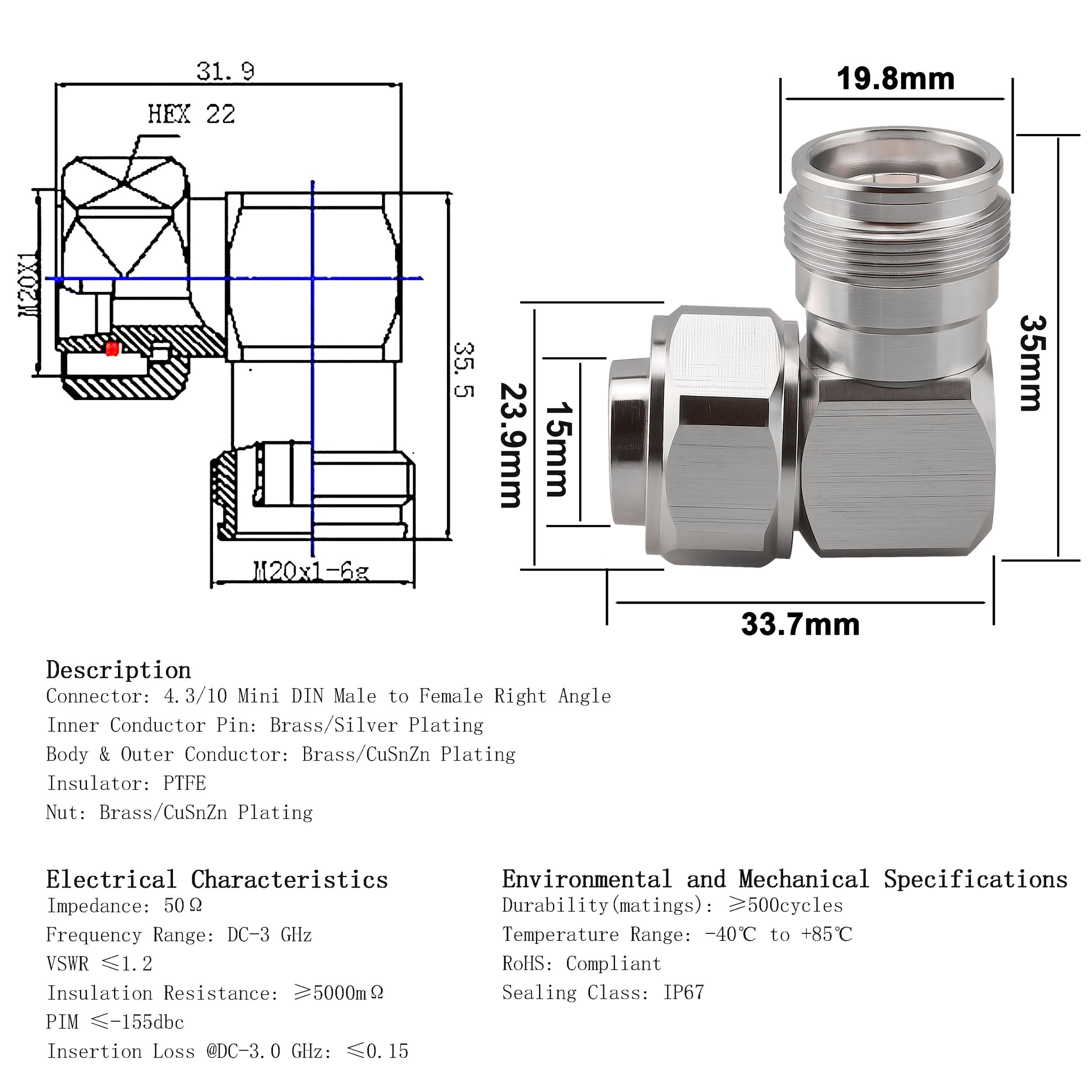 YILAINDUO 4.3/10 Mini DIN Connector Coaxial Mini DIN Male Female Adapter 4.3-10 Connector Adapter for Distributed Antenna System (DAS) Base Stations Wireless Infrastructure