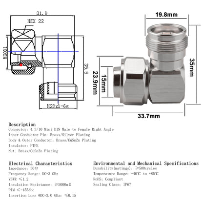 YILAINDUO 4.3/10 Mini DIN Connector Coaxial Mini DIN Male Female Adapter 4.3-10 Connector Adapter for Distributed Antenna System (DAS) Base Stations Wireless Infrastructure
