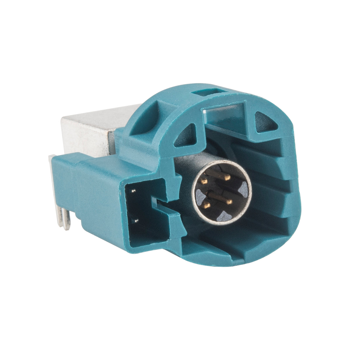 Turquoise HSD male connector viewed from the circular four-pin interface