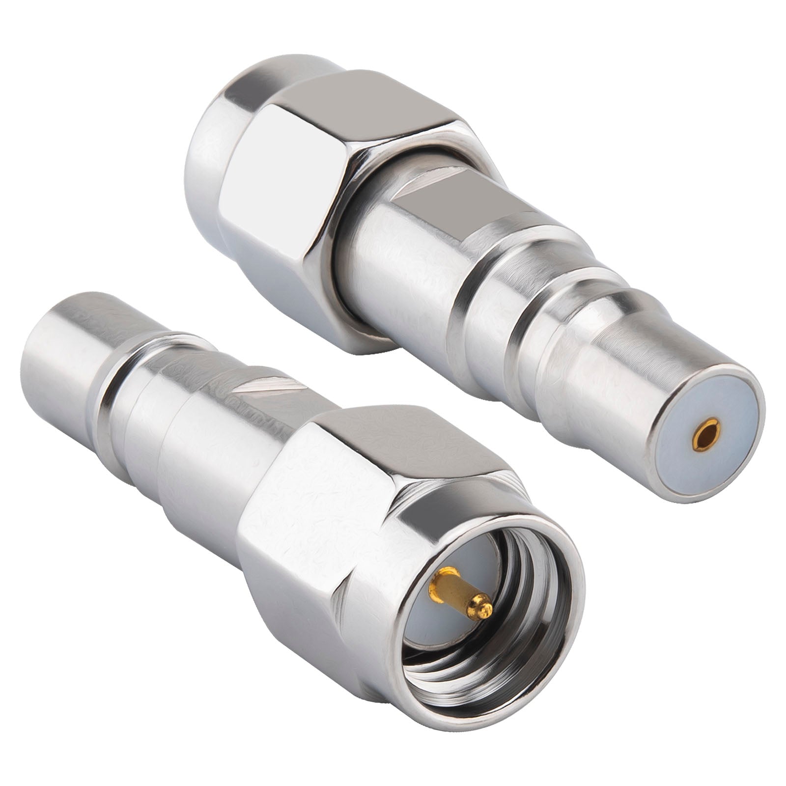 Pair of silver SMA male to QMA female straight coaxial adapters