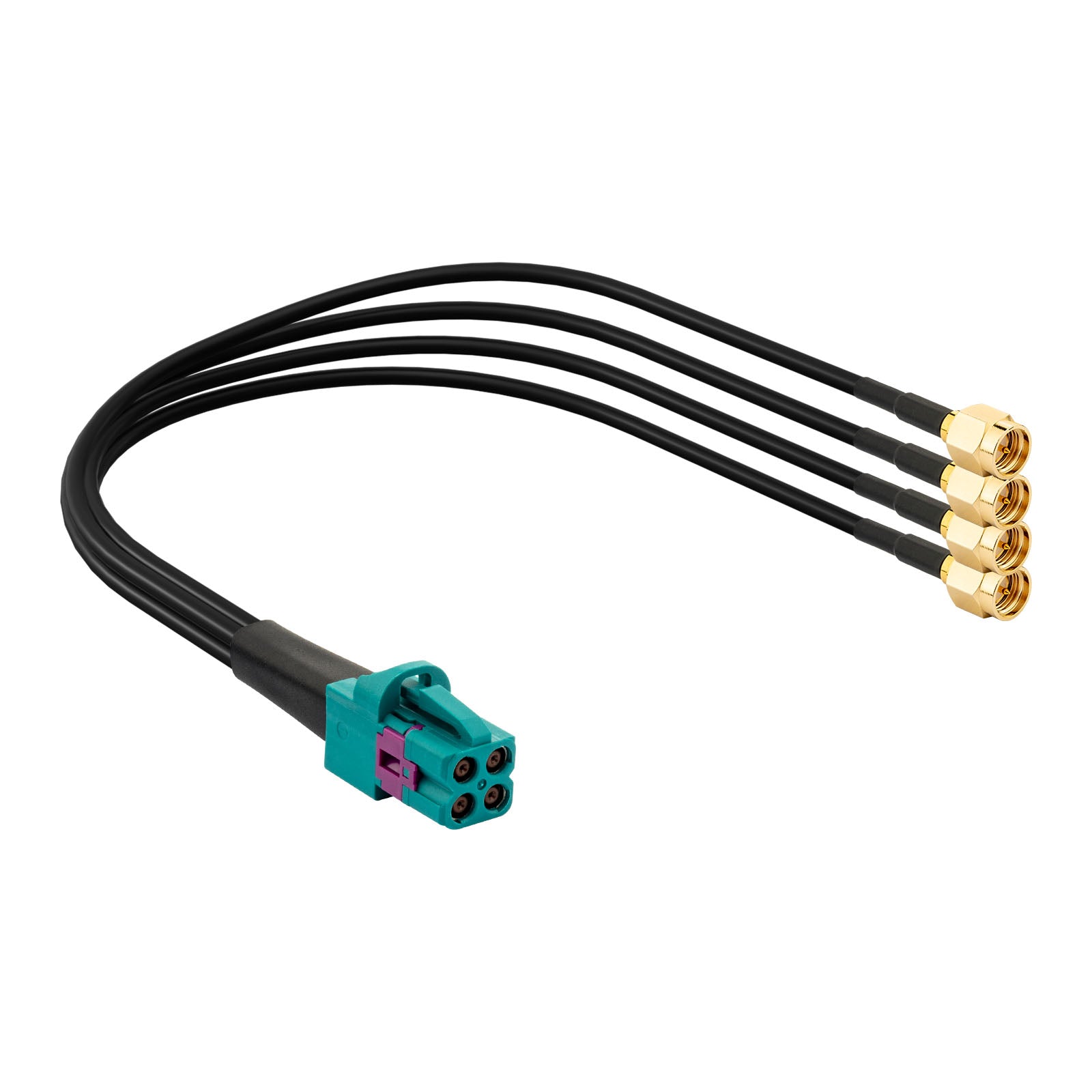 Four-way black splitter cable with one turquoise Mini Fakra female and four SMA male ends