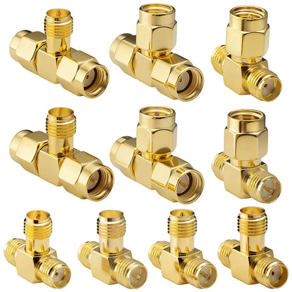 YILIANDUO SMA & RP-SMA 3-Way T-Splitter Adapter Kit (10-Pack) | 50Ω Gold-Plated Brass RF Adapter Kit DC-6GHz