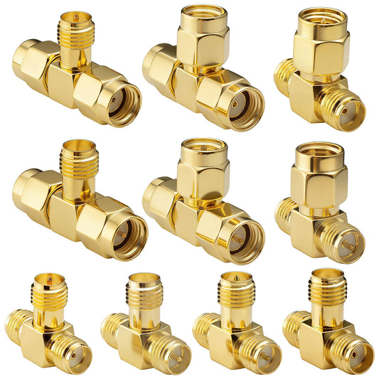YILIANDUO SMA & RP-SMA 3-Way T-Splitter Adapter Kit (10-Pack) | 50Ω Gold-Plated Brass RF Adapter Kit DC-6GHz