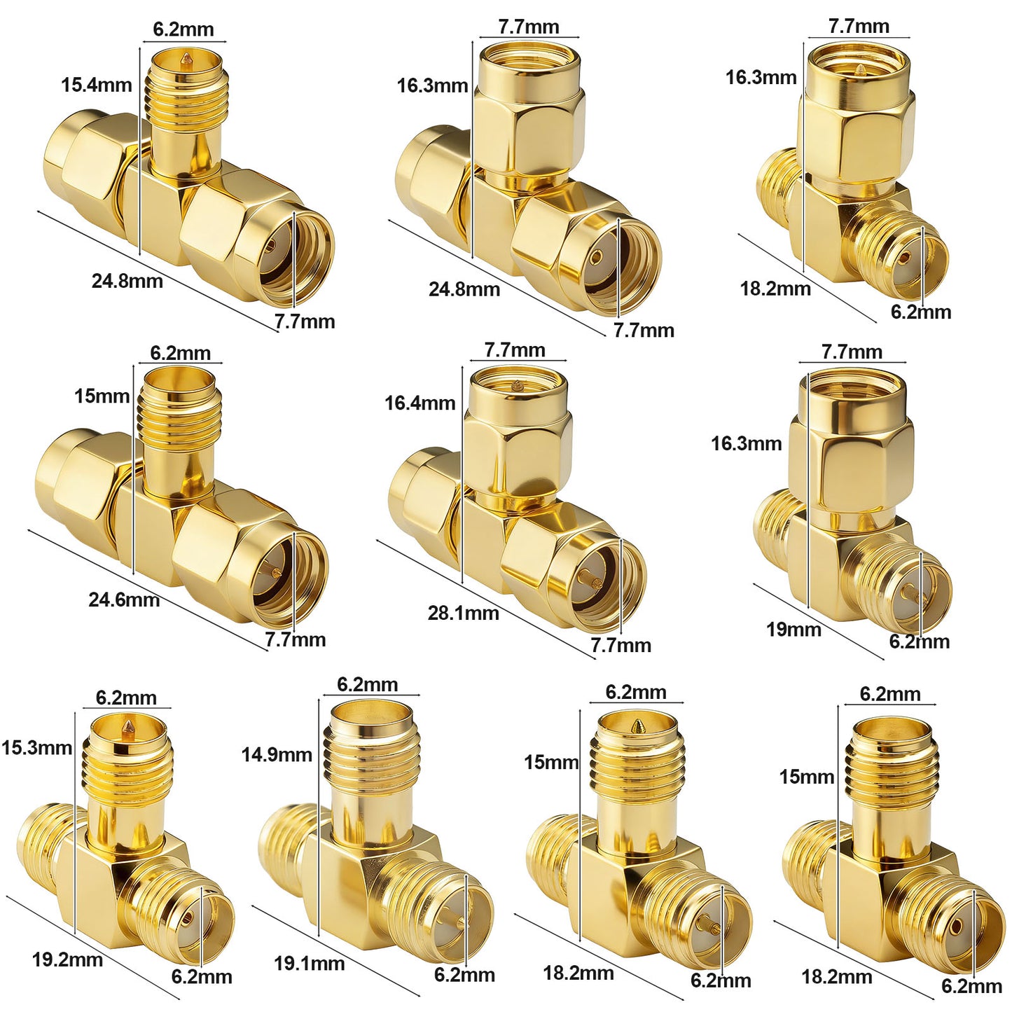 YILIANDUO SMA & RP-SMA 3-Way T-Splitter Adapter Kit (10-Pack) | 50Ω Gold-Plated Brass RF Adapter Kit DC-6GHz