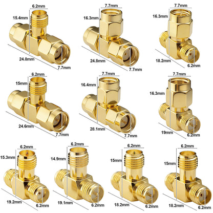 YILIANDUO SMA & RP-SMA 3-Way T-Splitter Adapter Kit (10-Pack) | 50Ω Gold-Plated Brass RF Adapter Kit DC-6GHz