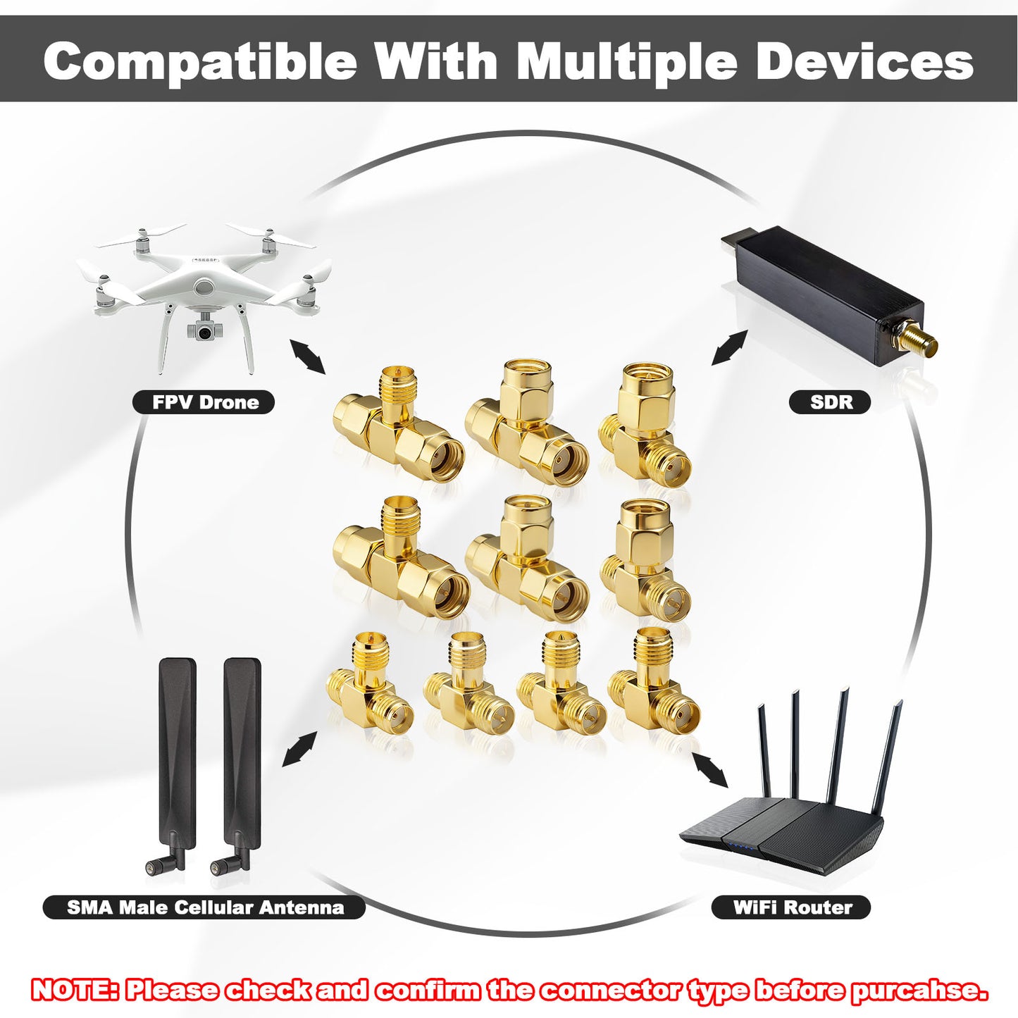 YILIANDUO SMA & RP-SMA 3-Way T-Splitter Adapter Kit (10-Pack) | 50Ω Gold-Plated Brass RF Adapter Kit DC-6GHz
