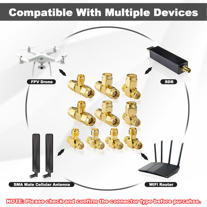 YILIANDUO SMA & RP-SMA 3-Way T-Splitter Adapter Kit (10-Pack) | 50Ω Gold-Plated Brass RF Adapter Kit DC-6GHz