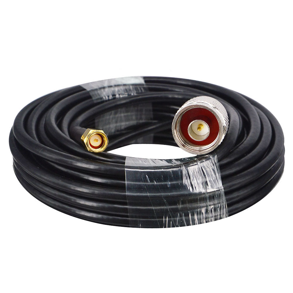 Taped black RG58 cable coil with gold-tone SMA male and silver-tone N-male connectors